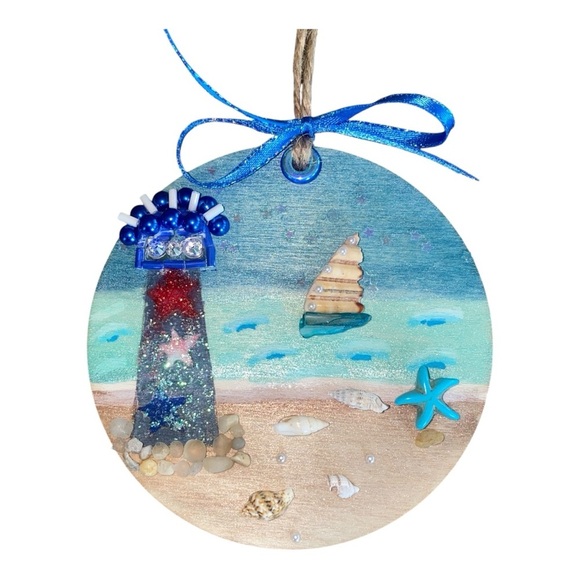 Coastal Lighthouse Holiday Ornament - Blue and Red - Picture 3 of 12